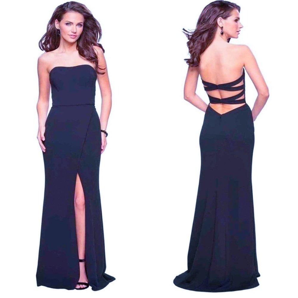 La Femme Black Strapless Maxi Gown with Back Cutouts